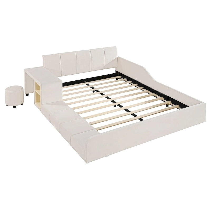 Lit plateforme en velours avec bureau et tabouret