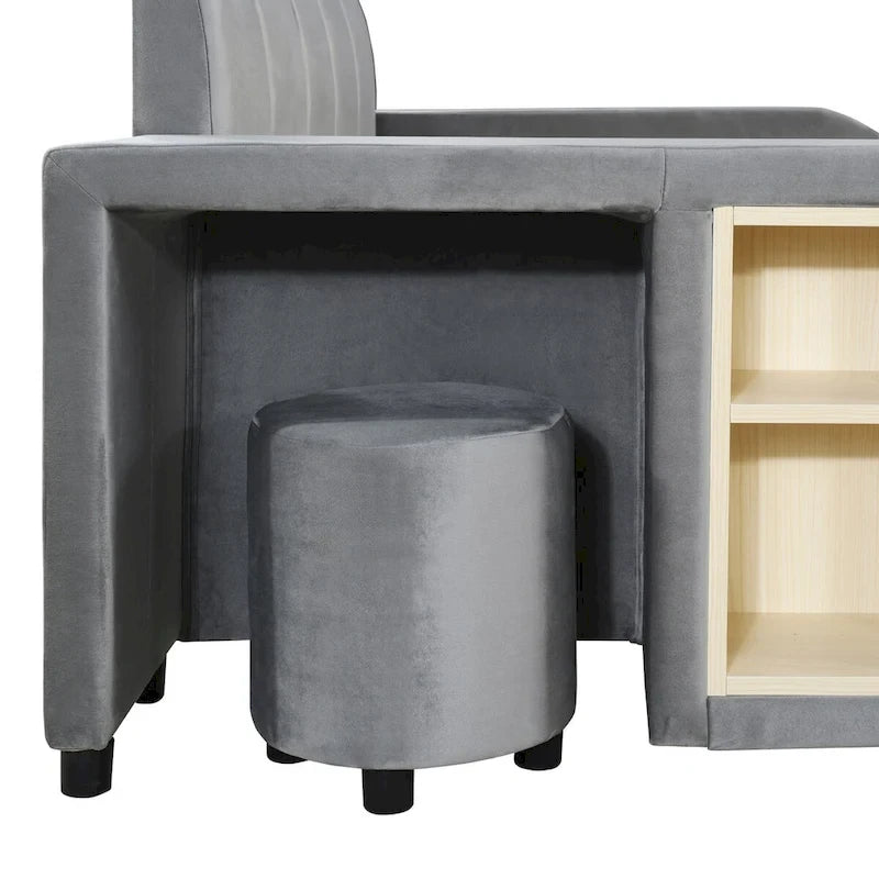 Lit plateforme en velours avec bureau et tabouret