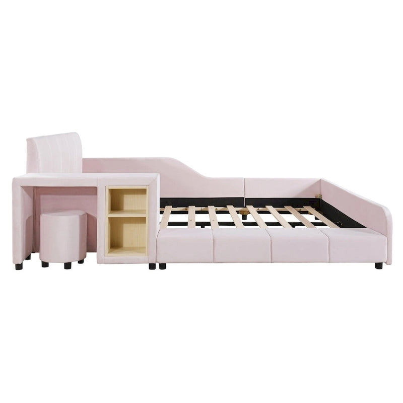 Lit plateforme en velours avec bureau et tabouret