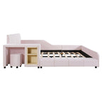 Lit plateforme en velours avec bureau et tabouret