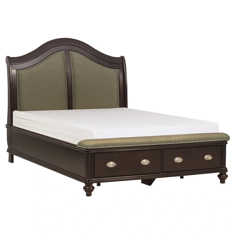 Lit plateforme capitonné Queen avec tiroirs de rangement beige / marron / chrome
