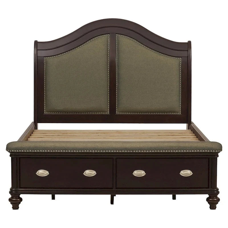 Lit plateforme capitonné Queen avec tiroirs de rangement beige / marron / chrome