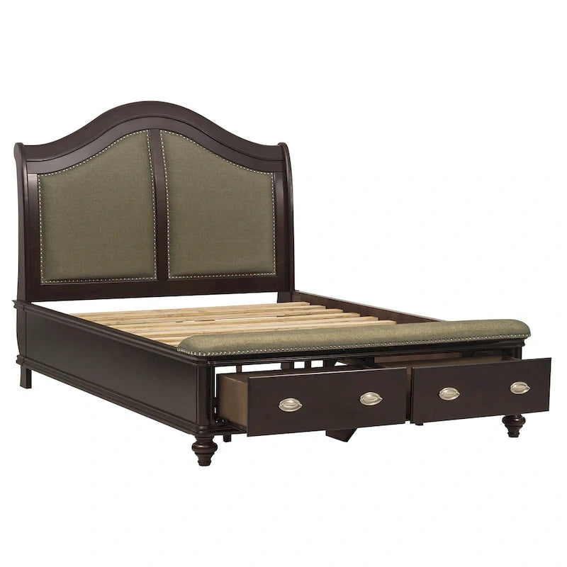 Lit plateforme capitonné Queen avec tiroirs de rangement beige / marron / chrome