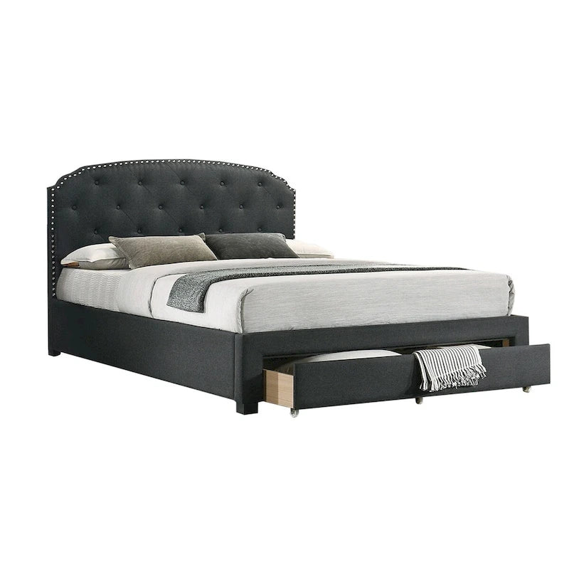 Lit King capitonné en toile de jute couleur anthracite avec tiroir de rangement sous le lit