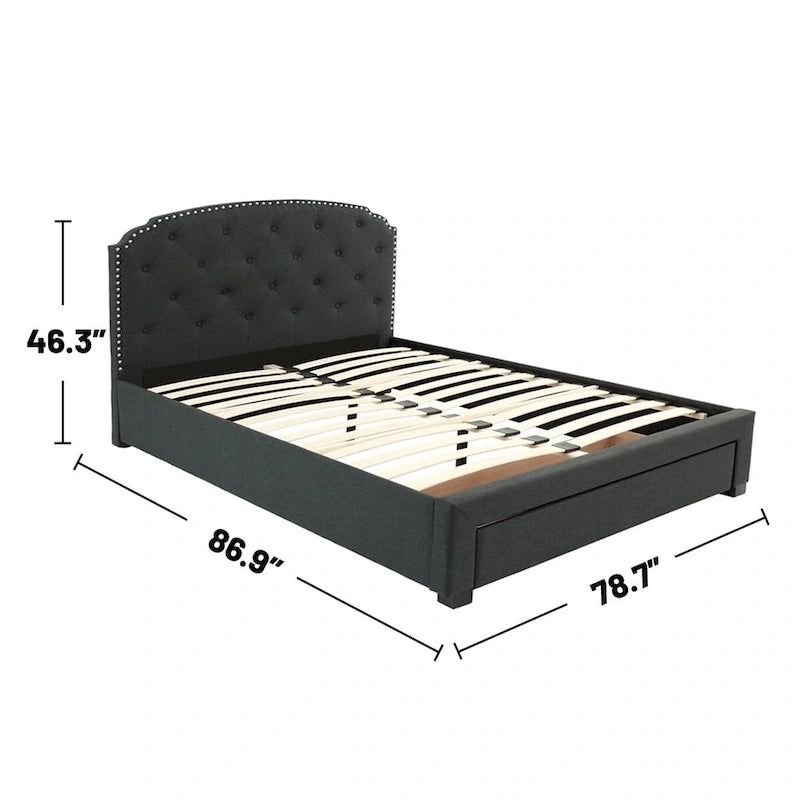 Lit King capitonné en toile de jute couleur anthracite avec tiroir de rangement sous le lit