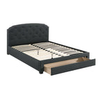 Lit King capitonné en toile de jute couleur anthracite avec tiroir de rangement sous le lit