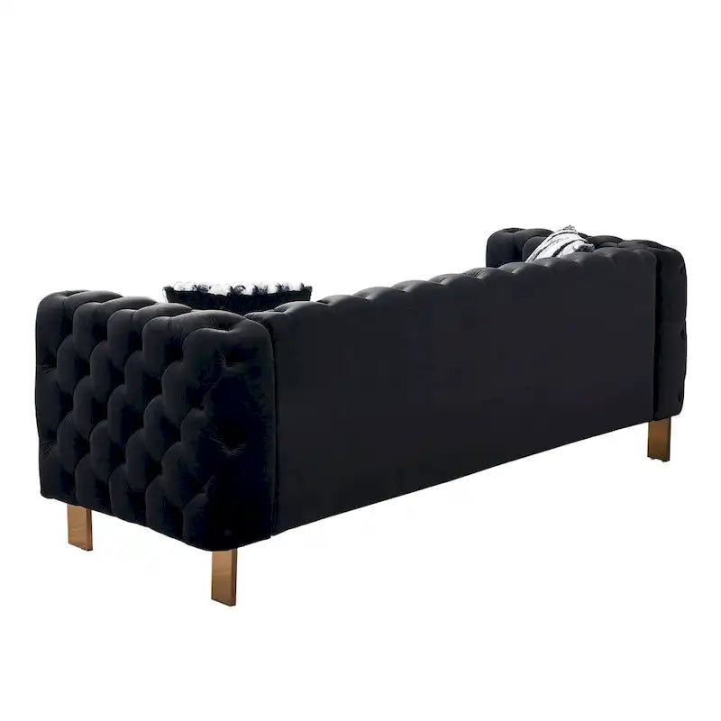 Canapé 3 places touffeté en velours, accoudoirs carrés, pieds dorés — Crème / Bleu / Vert menthe / Rose / Vert / Noir