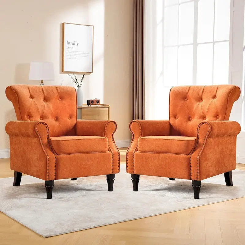 Fauteuil à accoudoirs roulés, motif floral vert/orange/bleu/jaune avec garniture cloutée, lot de 2