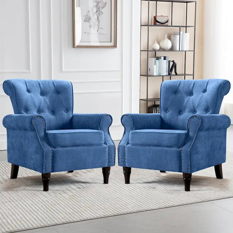 Fauteuil à accoudoirs roulés, motif floral vert/orange/bleu/jaune avec garniture cloutée, lot de 2