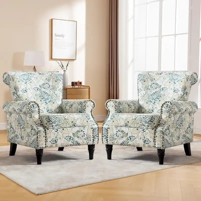Fauteuil à accoudoirs roulés, motif floral vert/orange/bleu/jaune avec garniture cloutée, lot de 2