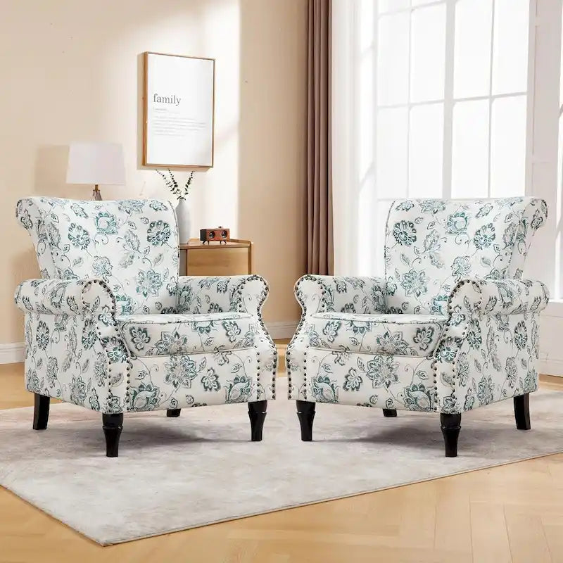 Fauteuil à accoudoirs roulés, motif floral vert/orange/bleu/jaune avec garniture cloutée, lot de 2