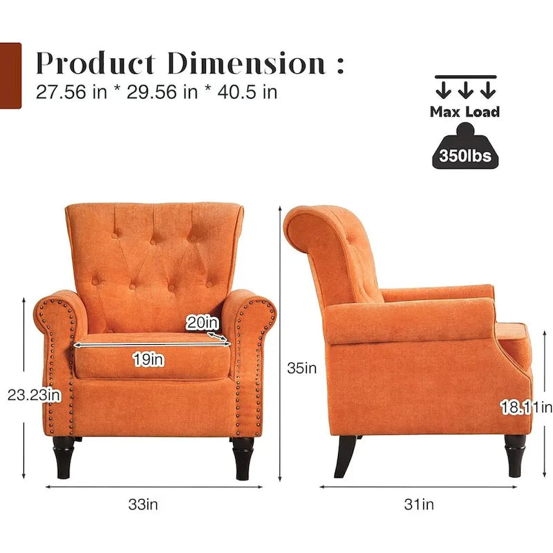 Fauteuil à accoudoirs roulés, motif floral vert/orange/bleu/jaune avec garniture cloutée, lot de 2