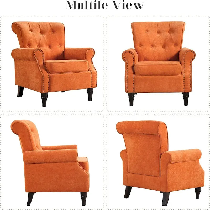 Fauteuil à accoudoirs roulés, motif floral vert/orange/bleu/jaune avec garniture cloutée, lot de 2