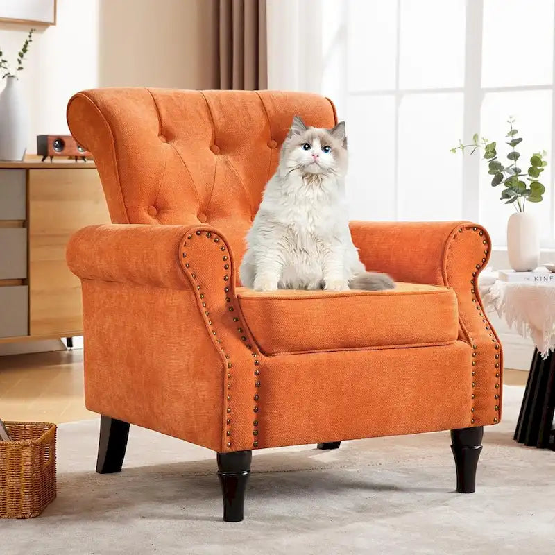 Fauteuil à accoudoirs roulés, motif floral vert/orange/bleu/jaune avec garniture cloutée, lot de 2