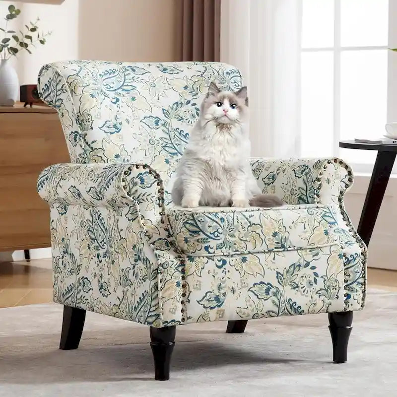 Fauteuil à accoudoirs roulés, motif floral vert/orange/bleu/jaune avec garniture cloutée, lot de 2