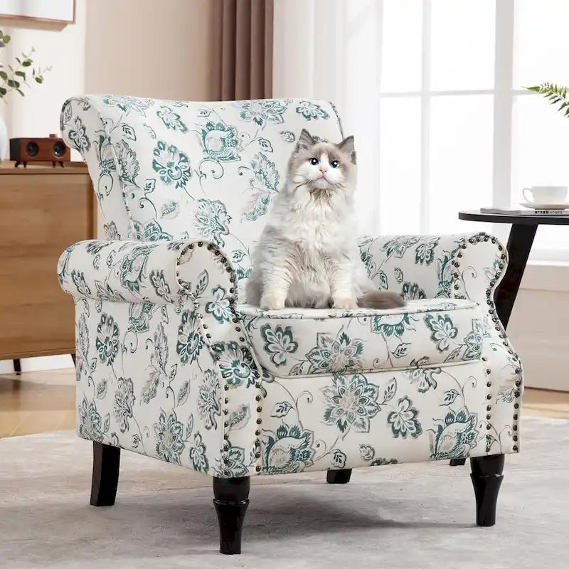 Fauteuil à accoudoirs roulés, motif floral vert/orange/bleu/jaune avec garniture cloutée, lot de 2