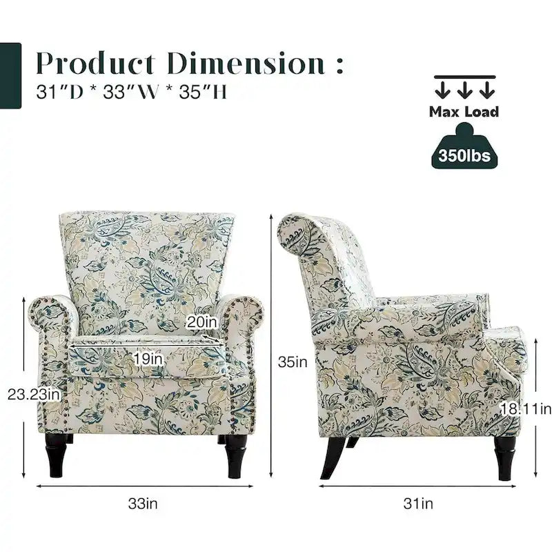 Fauteuil à accoudoirs roulés, motif floral vert/orange/bleu/jaune avec garniture cloutée, lot de 2