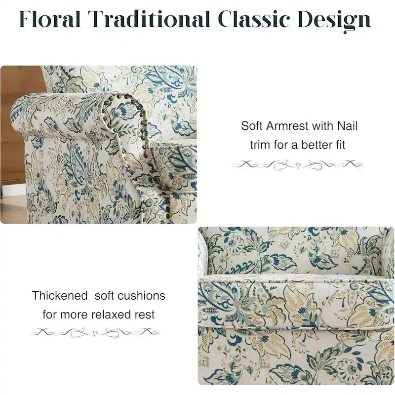 Fauteuil à accoudoirs roulés, motif floral vert/orange/bleu/jaune avec garniture cloutée, lot de 2