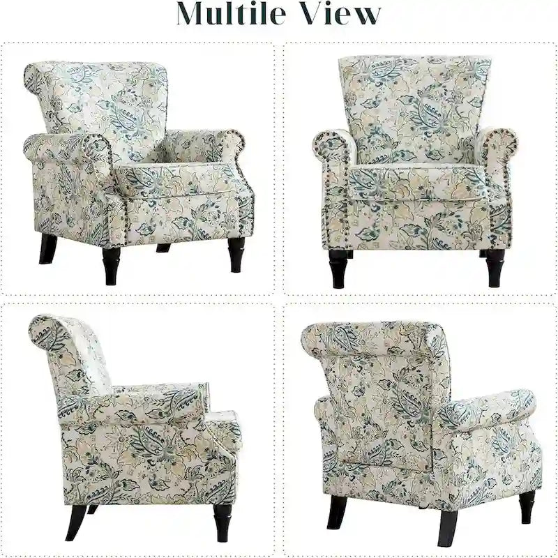 Fauteuil à accoudoirs roulés, motif floral vert/orange/bleu/jaune avec garniture cloutée, lot de 2