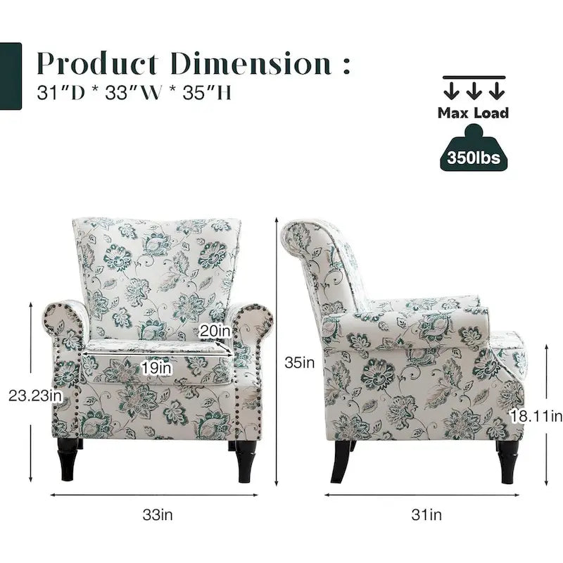 Fauteuil à accoudoirs roulés, motif floral vert/orange/bleu/jaune avec garniture cloutée, lot de 2