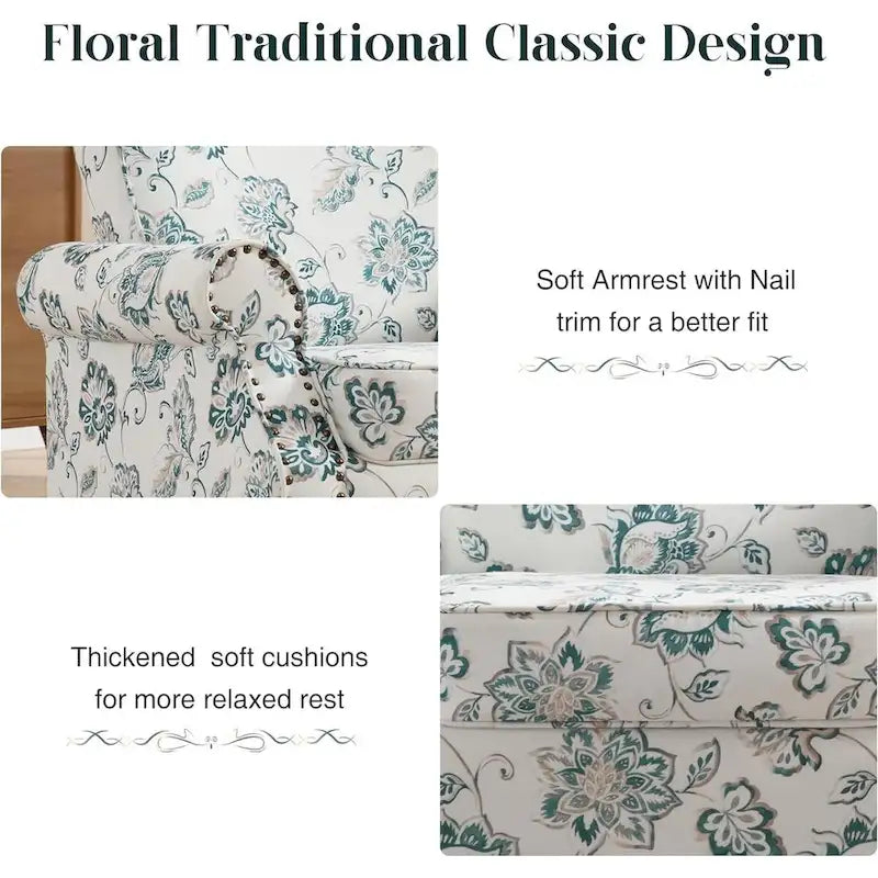 Fauteuil à accoudoirs roulés, motif floral vert/orange/bleu/jaune avec garniture cloutée, lot de 2