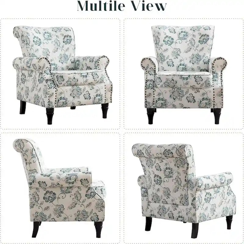 Fauteuil à accoudoirs roulés, motif floral vert/orange/bleu/jaune avec garniture cloutée, lot de 2