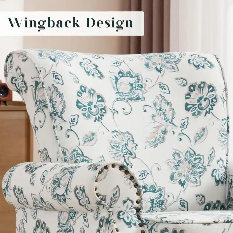 Fauteuil à accoudoirs roulés, motif floral vert/orange/bleu/jaune avec garniture cloutée, lot de 2