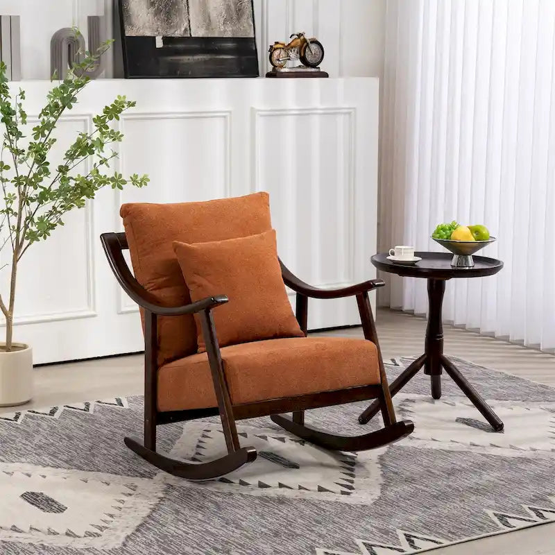 Fauteuil à bascule, marron clair / jaune / vert clair, structure en bois massif