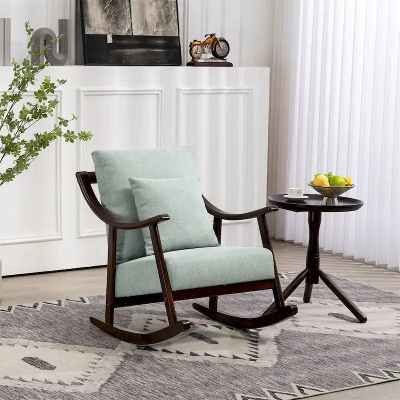 Fauteuil à bascule, marron clair / jaune / vert clair, structure en bois massif