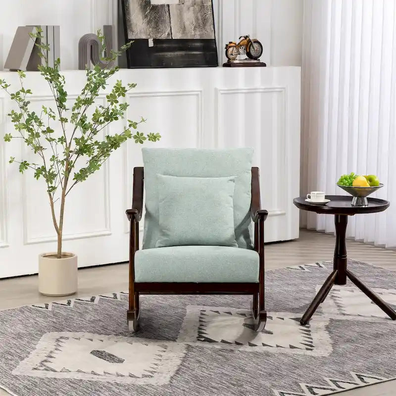 Fauteuil à bascule, marron clair / jaune / vert clair, structure en bois massif