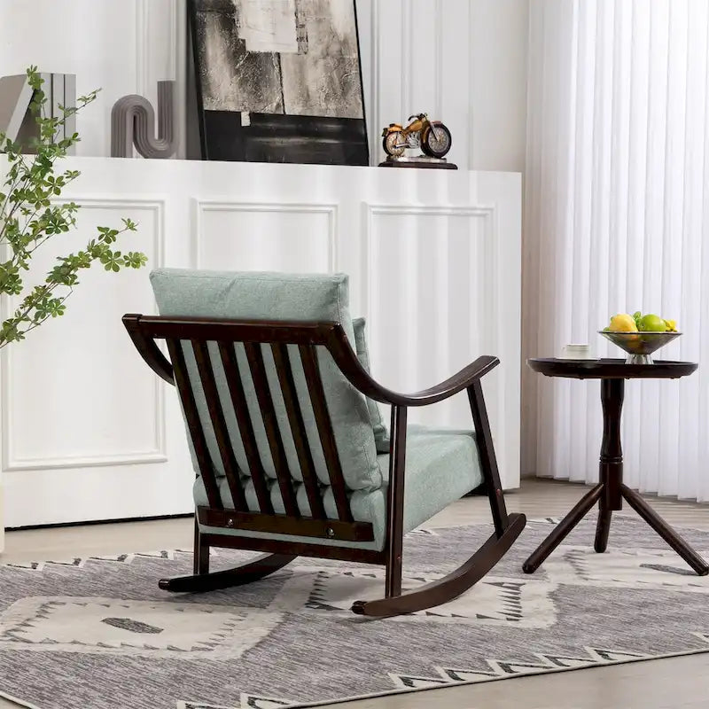 Fauteuil à bascule, marron clair / jaune / vert clair, structure en bois massif
