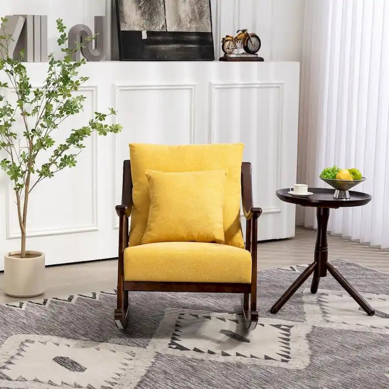 Fauteuil à bascule, marron clair / jaune / vert clair, structure en bois massif