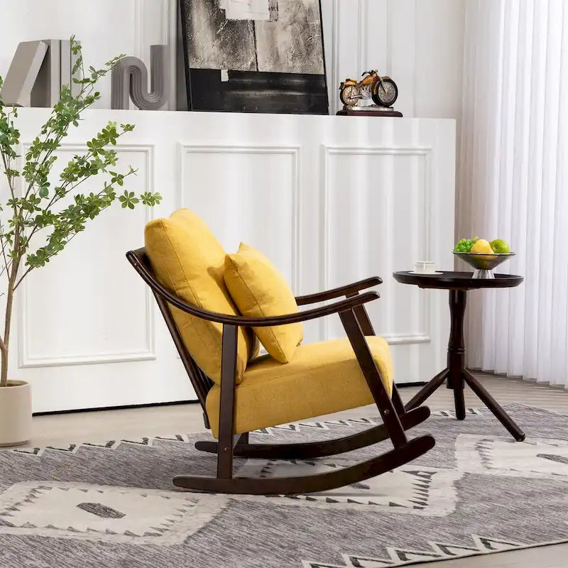 Fauteuil à bascule, marron clair / jaune / vert clair, structure en bois massif
