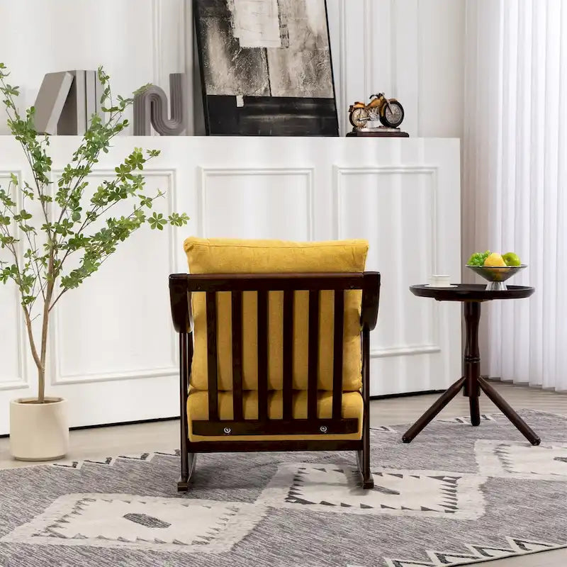 Fauteuil à bascule, marron clair / jaune / vert clair, structure en bois massif