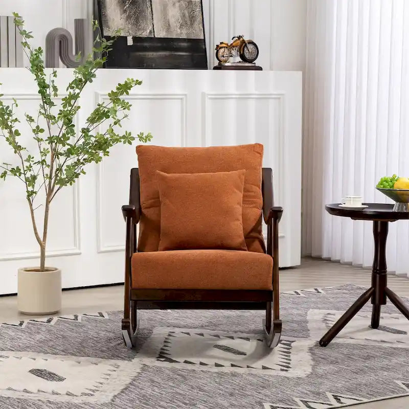 Fauteuil à bascule, marron clair / jaune / vert clair, structure en bois massif
