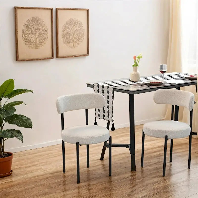 Chaise de salle à manger à dossier incurvé — Blanc / Gris / Vert / Marron, assise en velours, pieds en métal, lot de 2