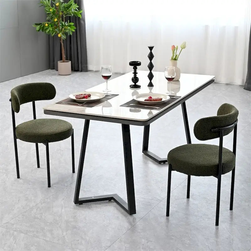 Chaise de salle à manger à dossier incurvé — Blanc / Gris / Vert / Marron, assise en velours, pieds en métal, lot de 2
