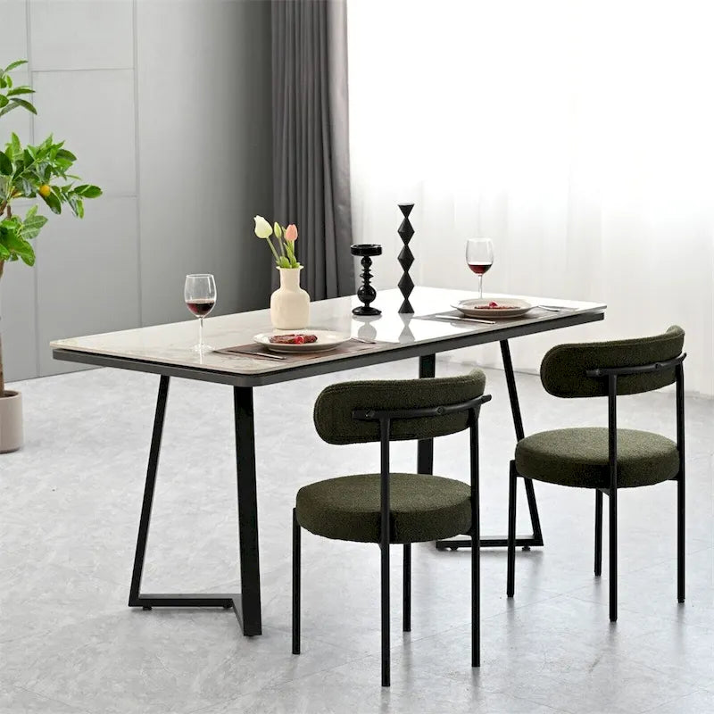 Chaise de salle à manger à dossier incurvé — Blanc / Gris / Vert / Marron, assise en velours, pieds en métal, lot de 2