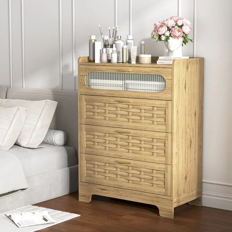 Commode en bois à tiroirs larges, naturelle, 4 tiroirs, simple