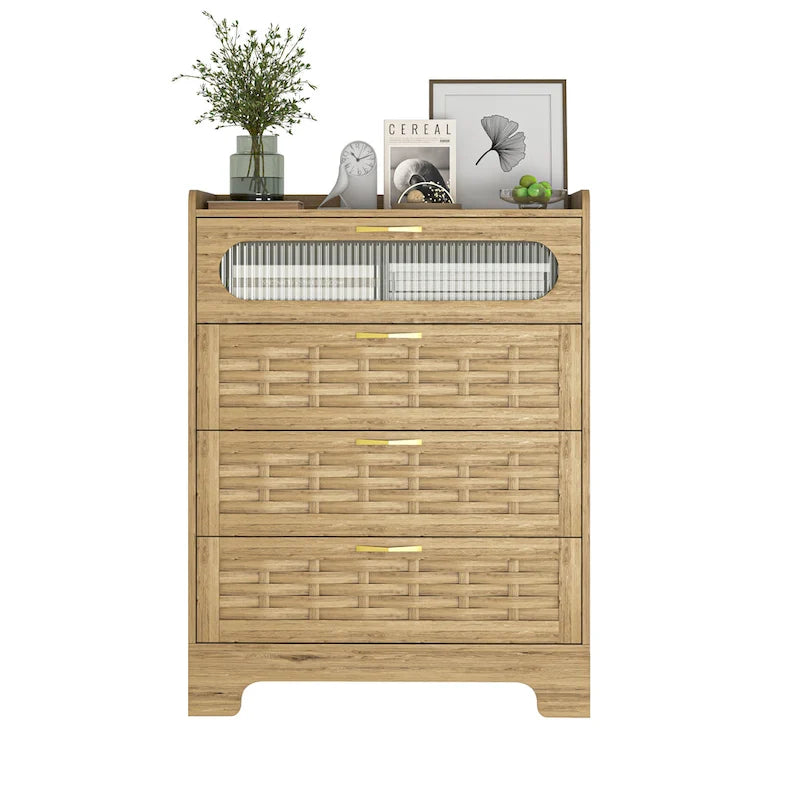 Commode en bois à tiroirs larges, naturelle, 4 tiroirs, simple