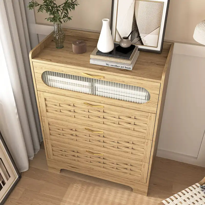 Commode en bois à tiroirs larges, naturelle, 4 tiroirs, simple