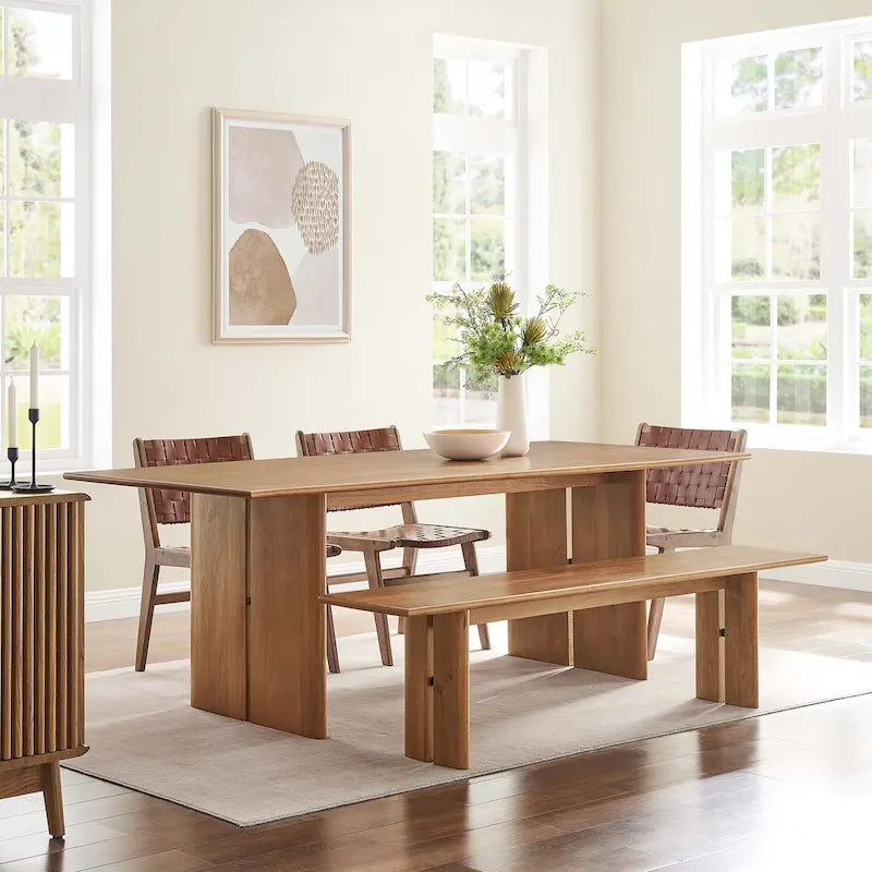 Ensemble table et banc de salle à manger rectangulaire en bois massif chêne/noyer, 8 places