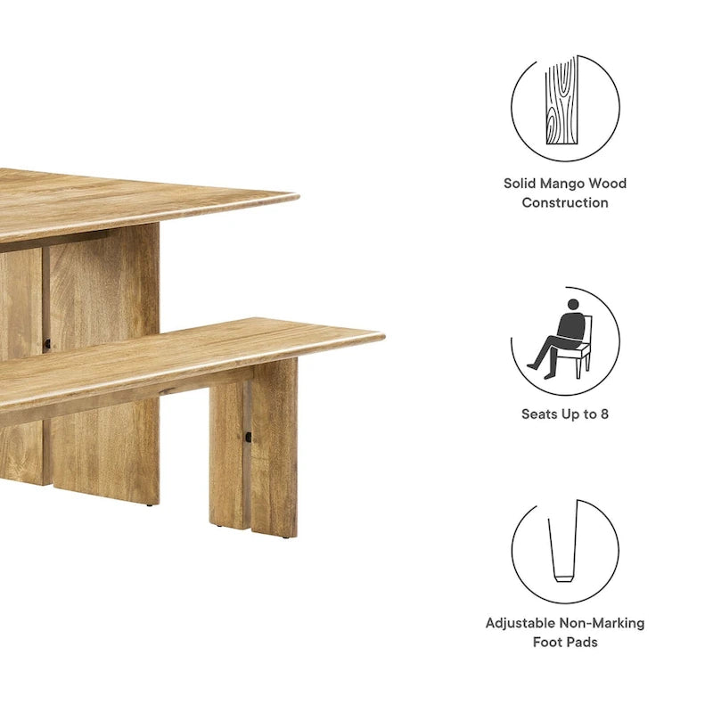 Ensemble table et banc de salle à manger rectangulaire en bois massif chêne/noyer, 8 places