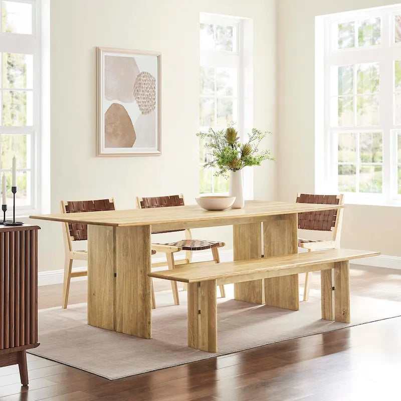 Ensemble table et banc de salle à manger rectangulaire en bois massif chêne/noyer, 8 places