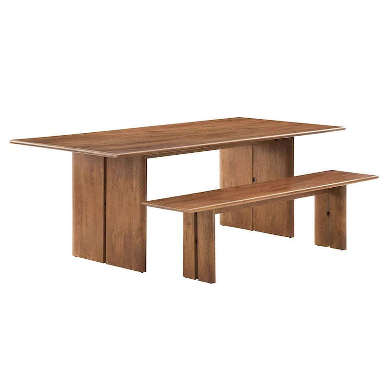Ensemble table et banc de salle à manger rectangulaire en bois massif chêne/noyer, 8 places