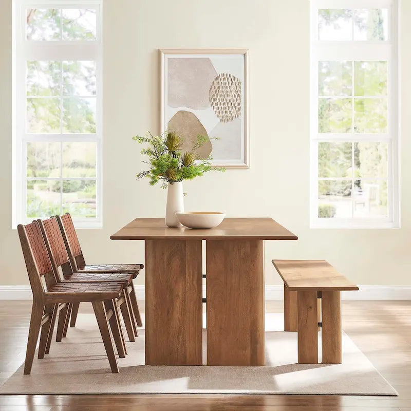 Ensemble table et banc de salle à manger rectangulaire en bois massif chêne/noyer, 8 places