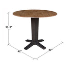 Table à dîner sur pied avec plateau à rabats ronds, finition charbon lavé, coloris noir/hickory, 2 à 4 places