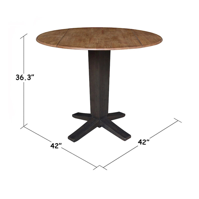 Table à dîner sur pied avec plateau à rabats ronds, finition charbon lavé, coloris noir/hickory, 2 à 4 places