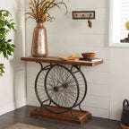 Console industrielle marron/bleu avec châssis à deux roues et base étagée