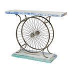 Console industrielle marron/bleu avec châssis à deux roues et base étagée